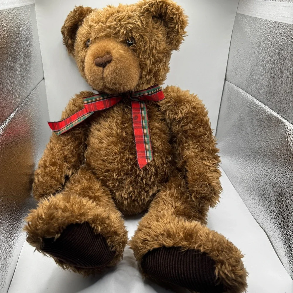 Gund Brown Shaggy‎ Teddy Bear Plush Red Plaid Ribbon Bow Holiday Classic